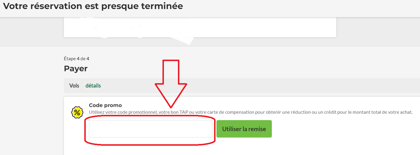 emplacement pour code promo Tap Air Portugal