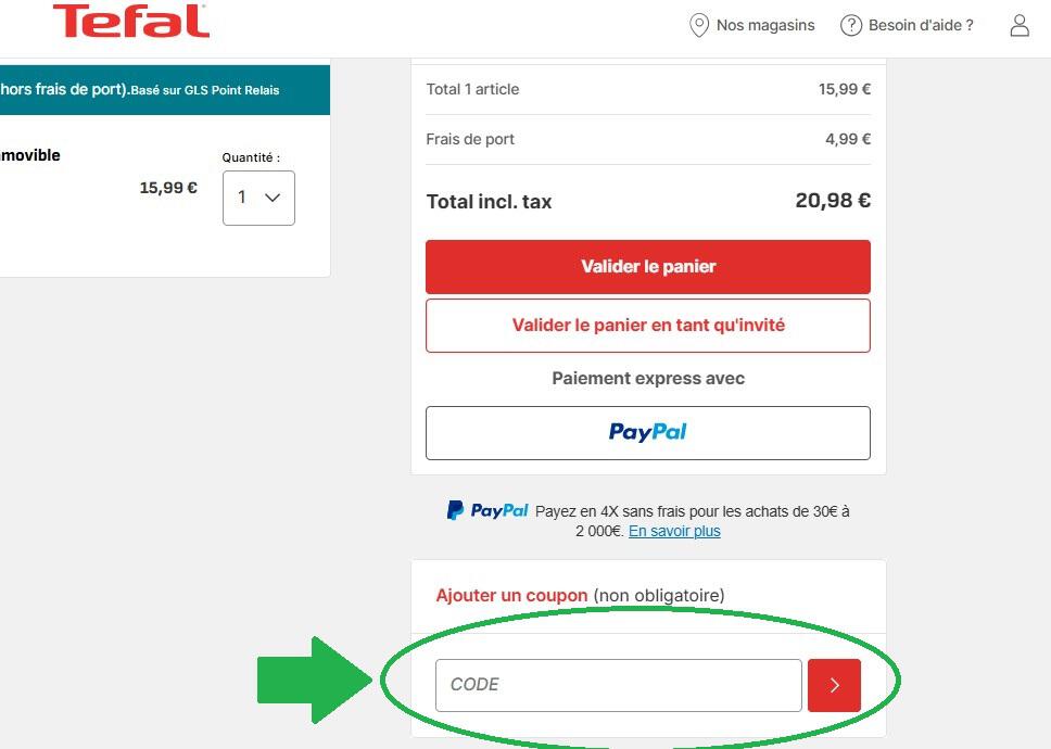 Panier d&apos;achat avec emplacement pour code promo Tefal