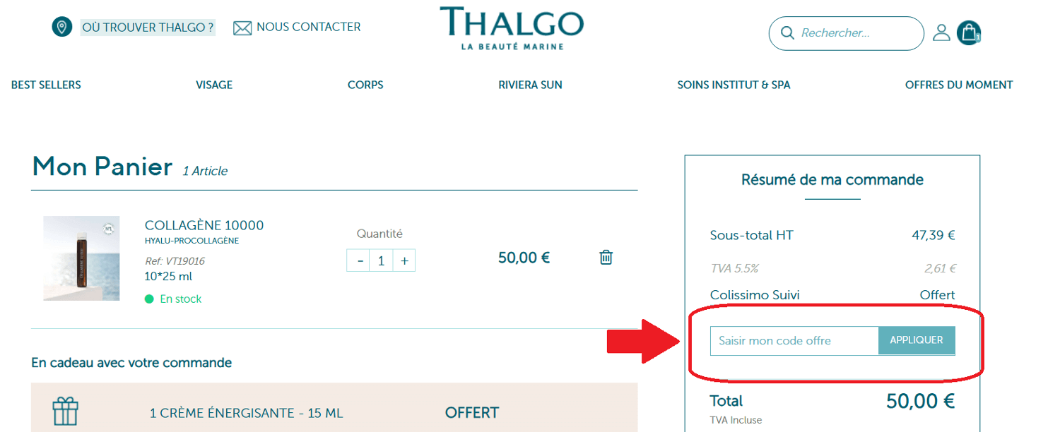 panier d&apos;achat avec emplacement pour code promo Thalgo Cosmétiques