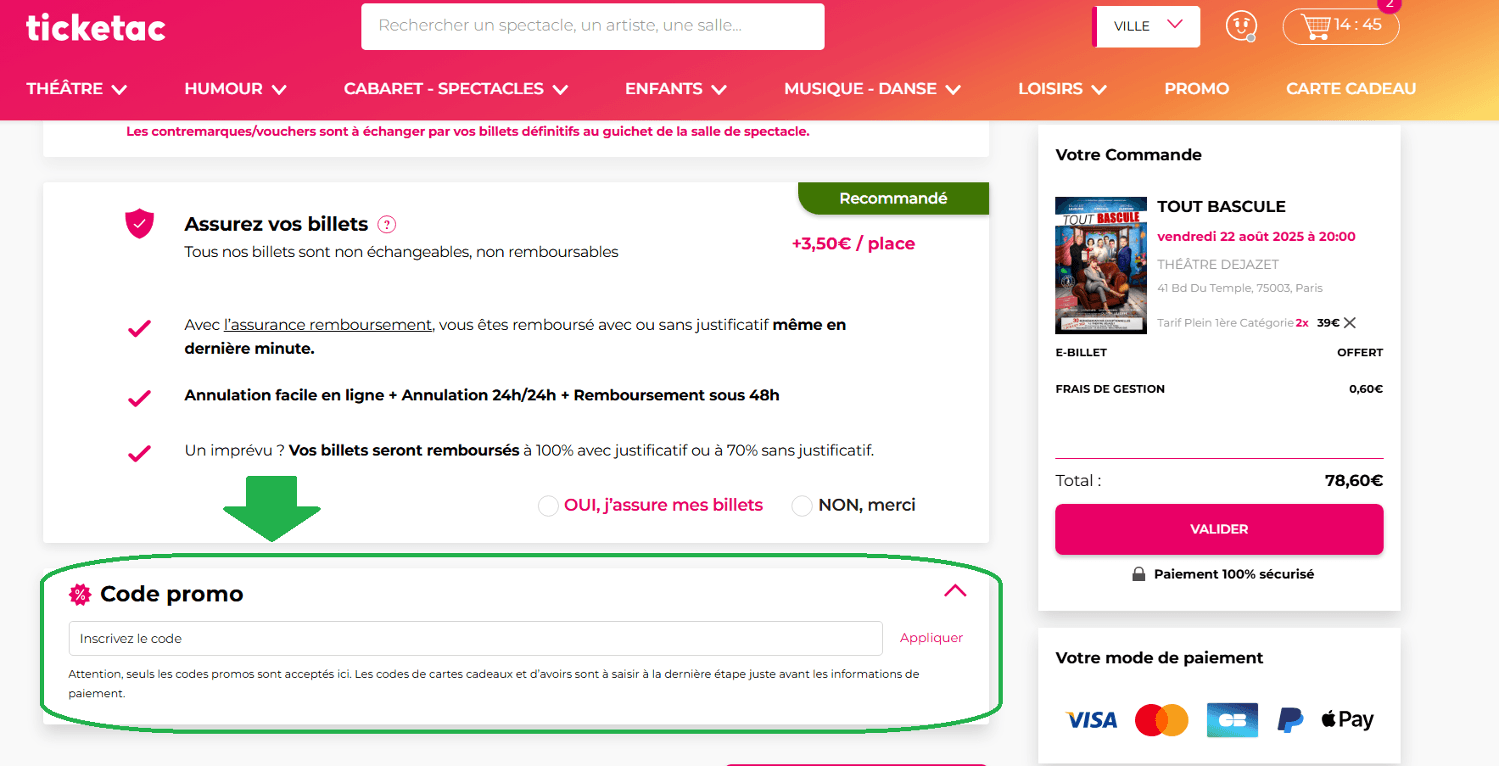 panier d&apos;achat avec emplacement pour code promo Ticketac