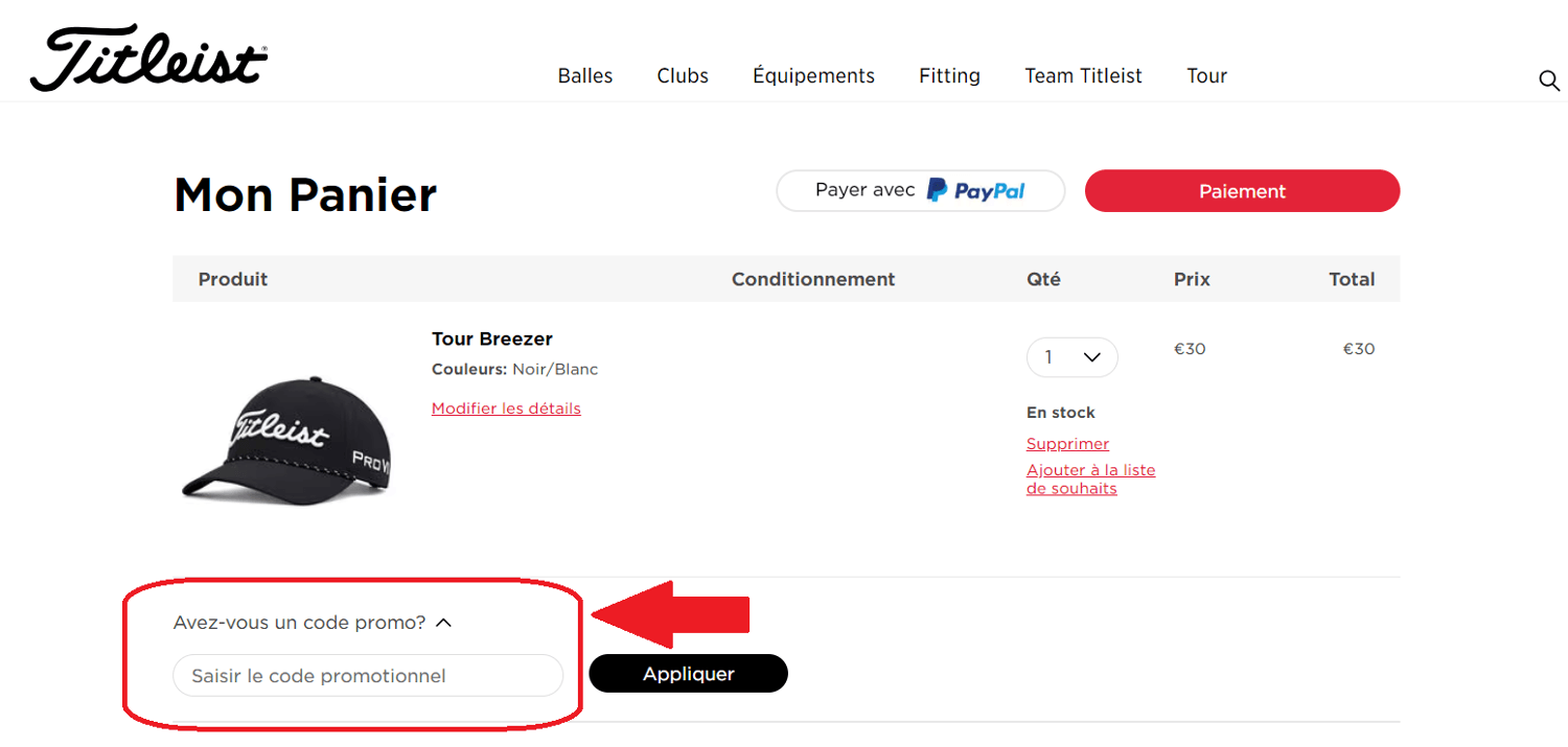 panier d&apos;achat avec emplacement pour code promo Titleist
