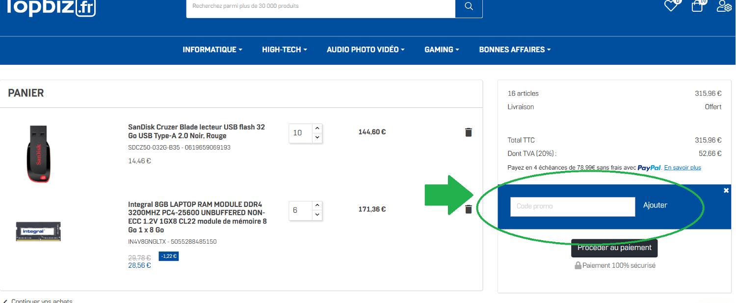 panier d&apos;achat avec emplacement pour code promo Topbiz