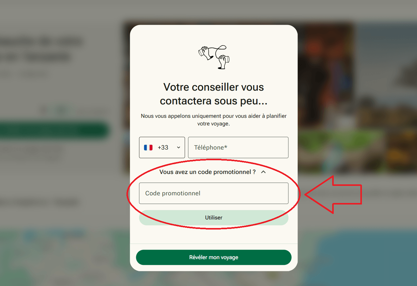 emplacement pour code promo Tourlane