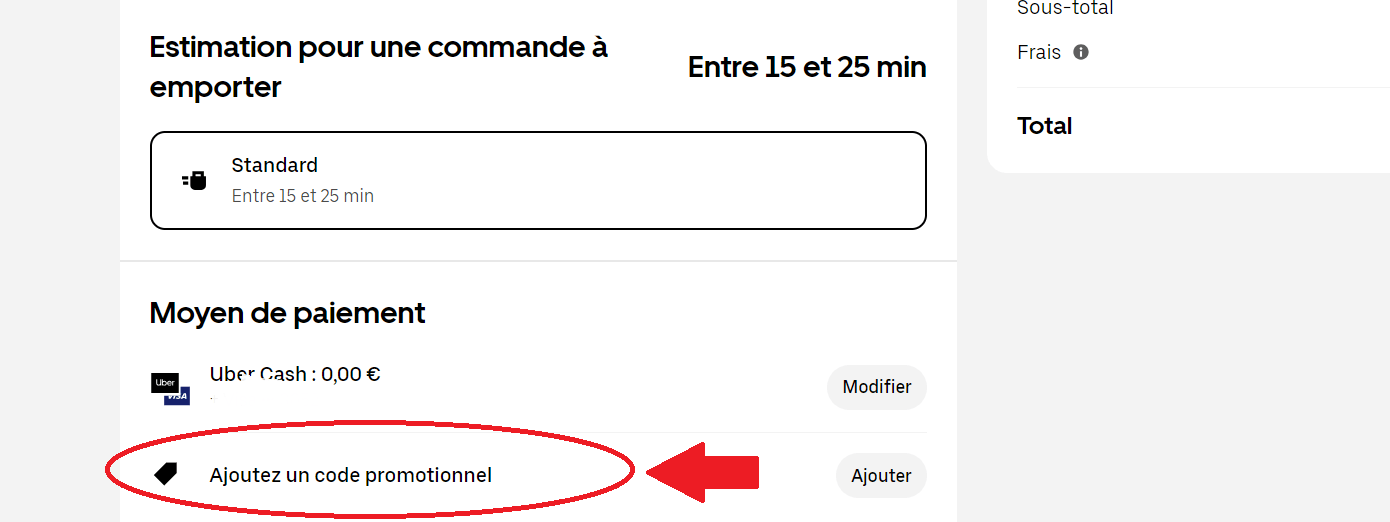 panier avec emplacement pour code promo Uber Eats