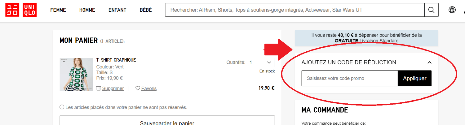 Panier avec emplacement pour code promo Uniqlo