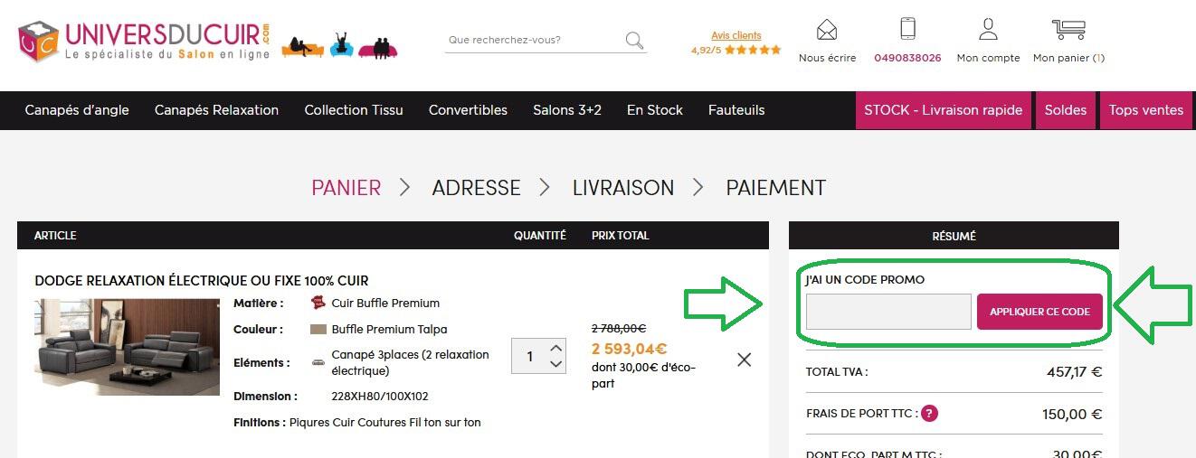 Panier d'achat avec emplacement pour code promo Univers du Cuir