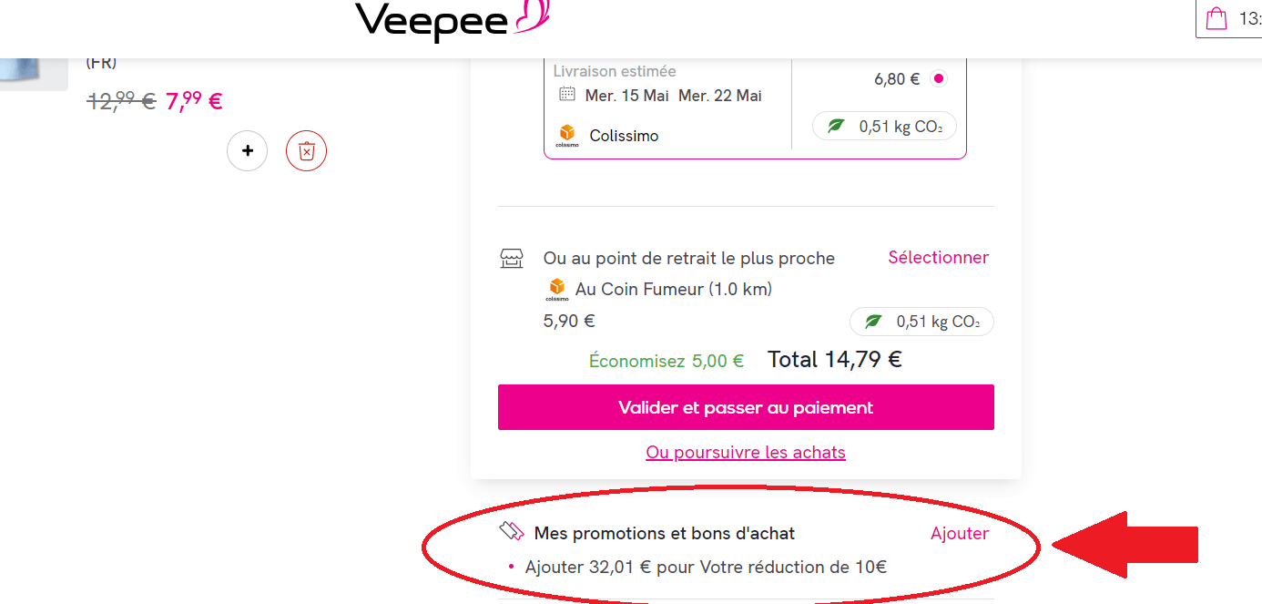 emplacement pour code promo Veepee