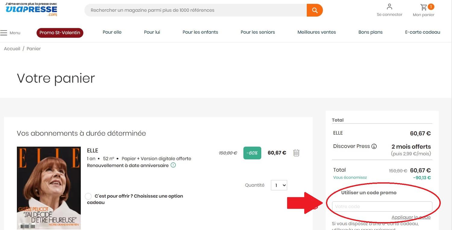 panier d'achat avec emplacement pour code promo Viapresse