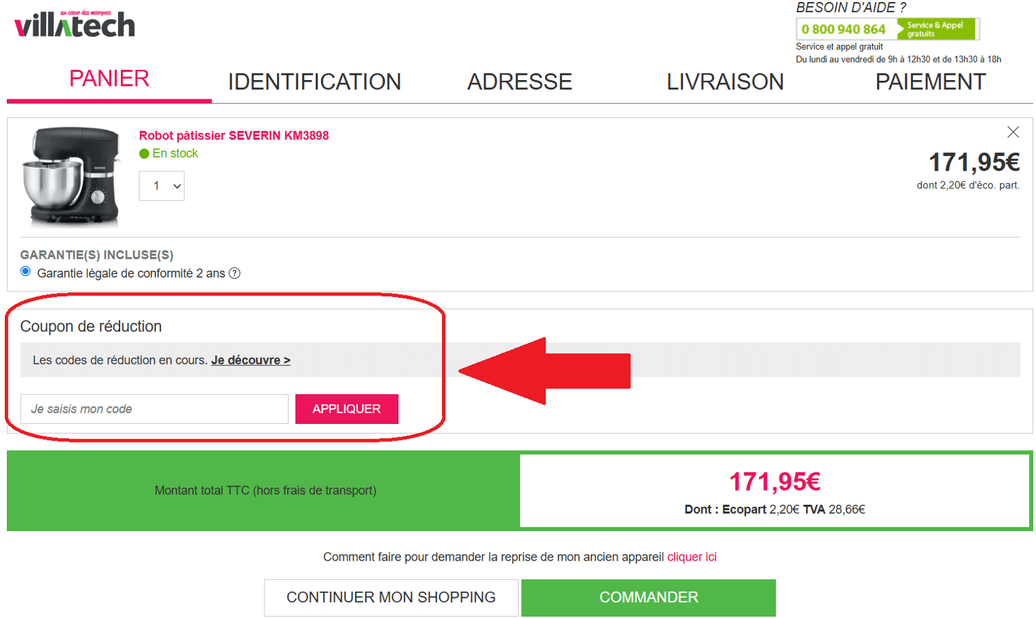 panier d&apos;achat avec emplacement pour code promo Villatech