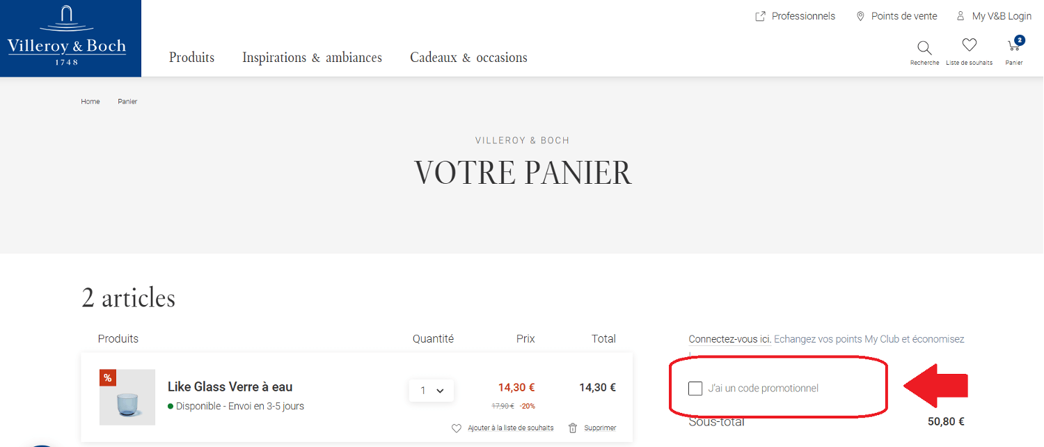 panier d&apos;achat avec emplacement pour code promo Villeroy & Boch