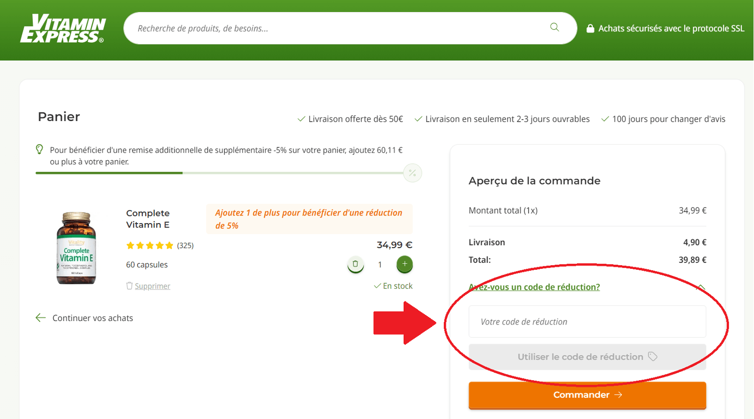 panier avec emplacement pour code promo VitaminExpress