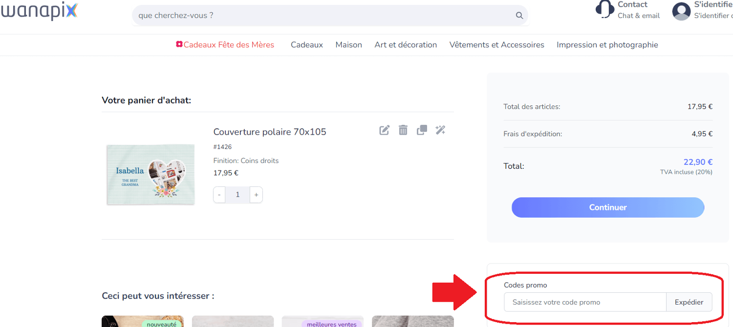 panier d’achat avec emplacement pour code promo Wanapix