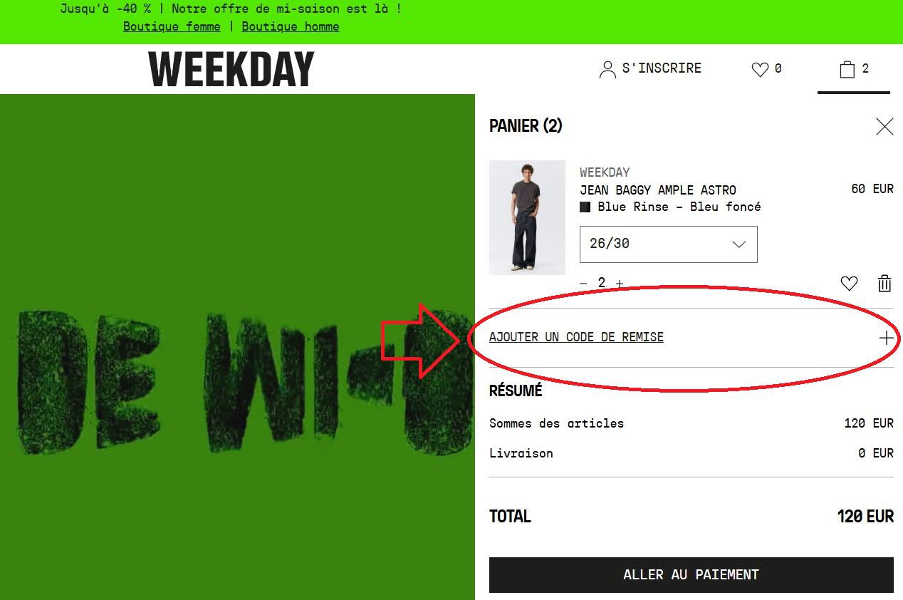 panier d&apos;achat avec emplacement pour code promo Weekday