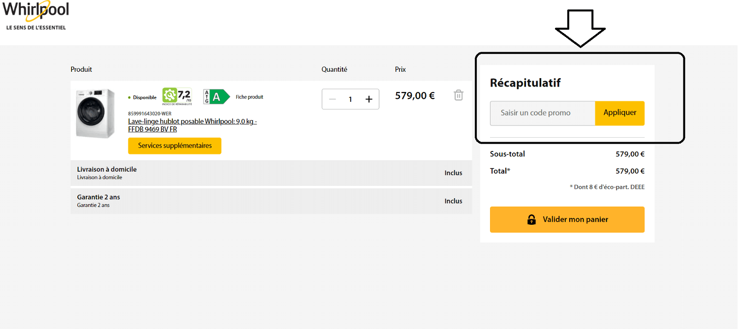 emplacement pour le code promo Whirlpool