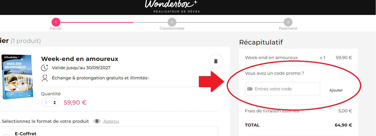 Panier d&apos;achat avec emplacement pour code promo Wonderbox