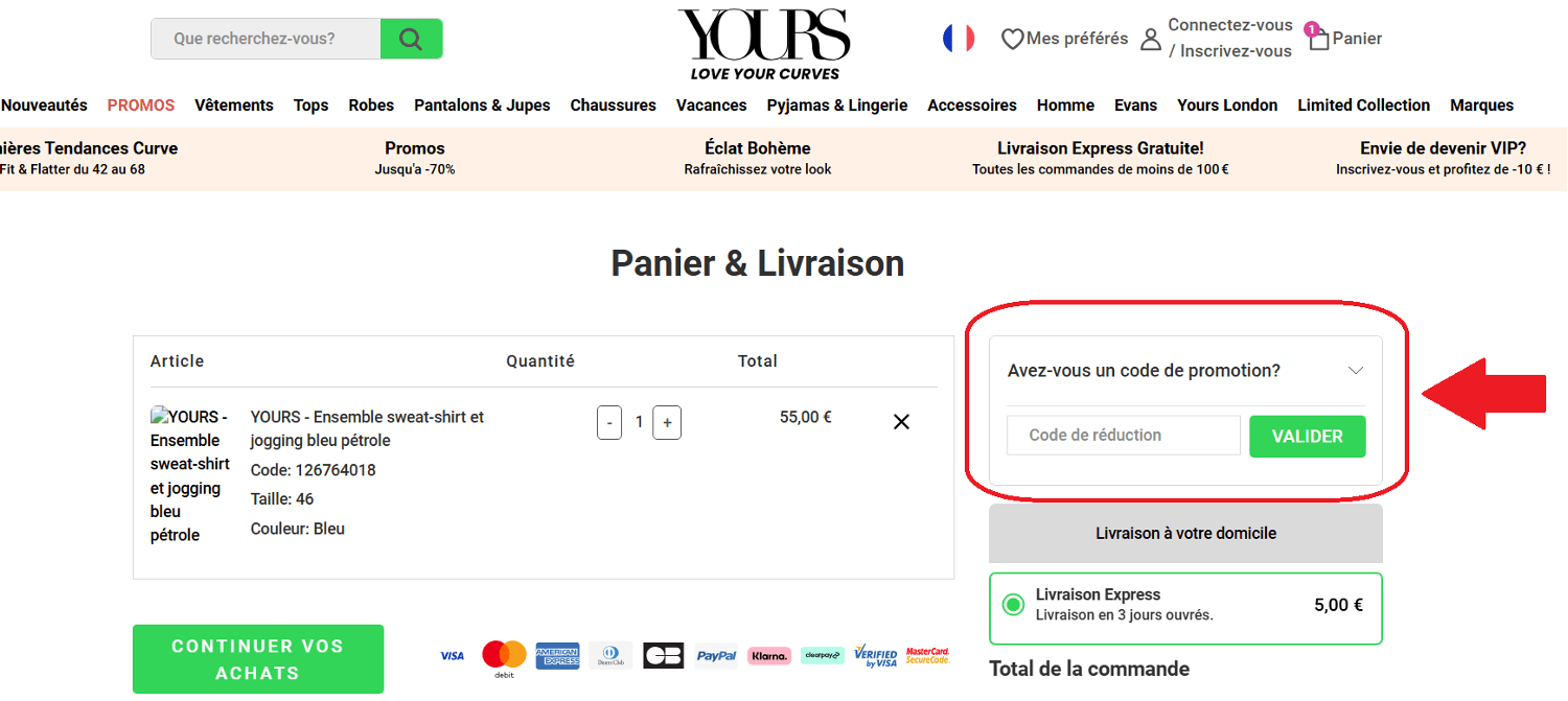panier d&apos;achat avec emplacement pour code promo Yours