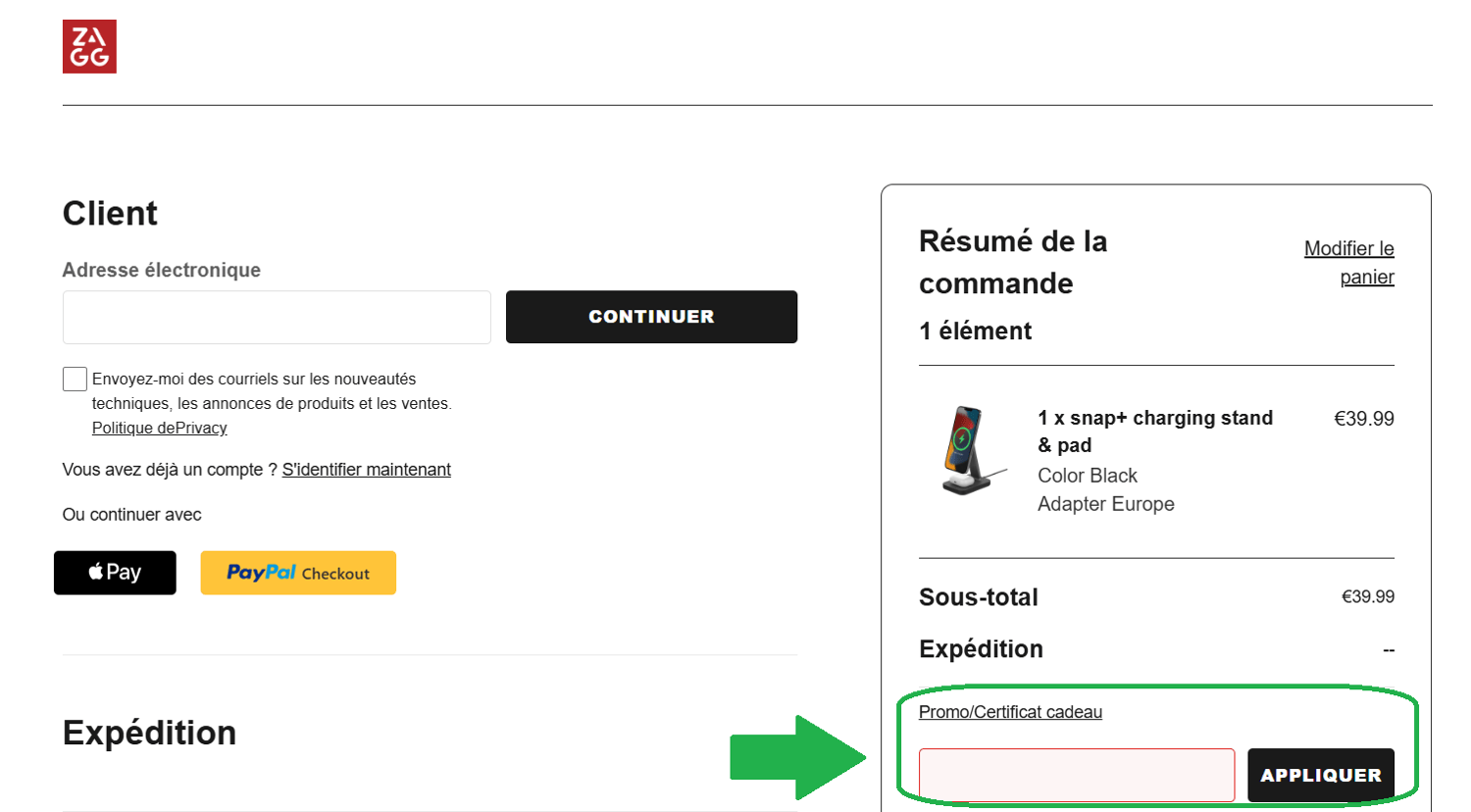 panier d&apos;achat avec emplacement pour code promo Zagg