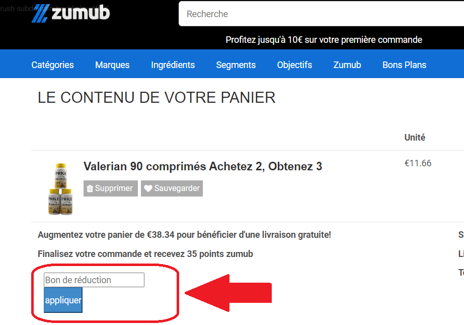 Panier d&apos;achat avec emplacement pour code promo Zumub