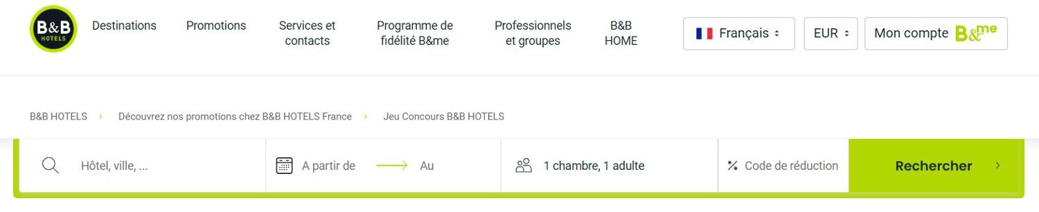 moteur de recherche avec emplacement pour code promo B&B Hôtels