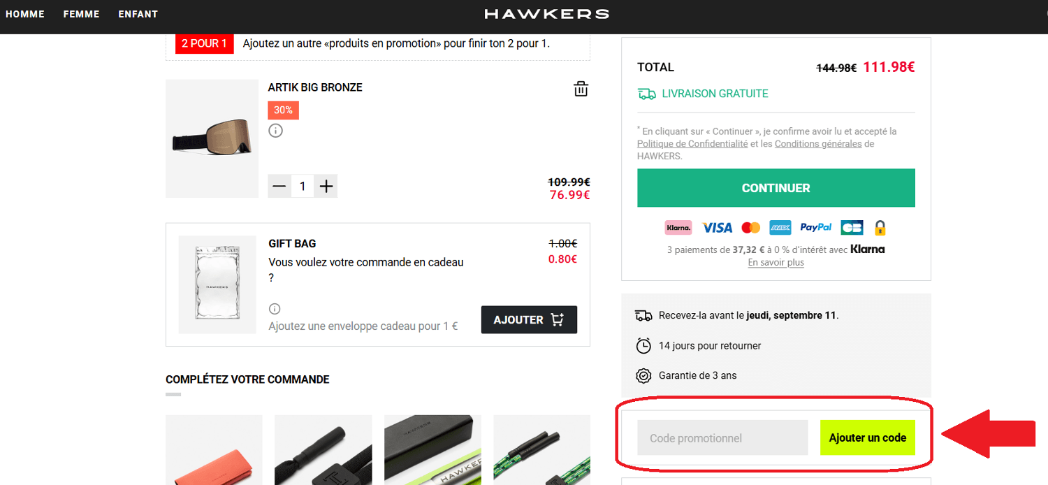 panier d&apos;achat avec emplacement pour code promo Hawkers