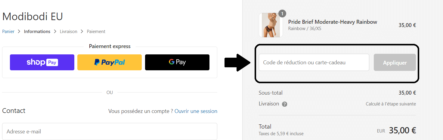 emplacement pour code promo Modibodi