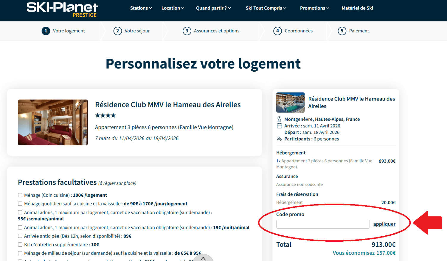 réservation avec emplacement pour code promo Ski Planet