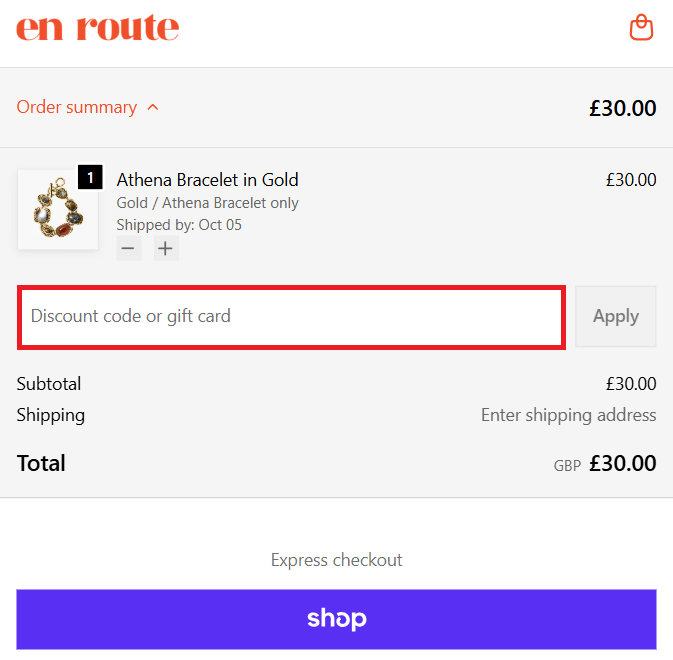 en route jewellery discount code box in shopping bag