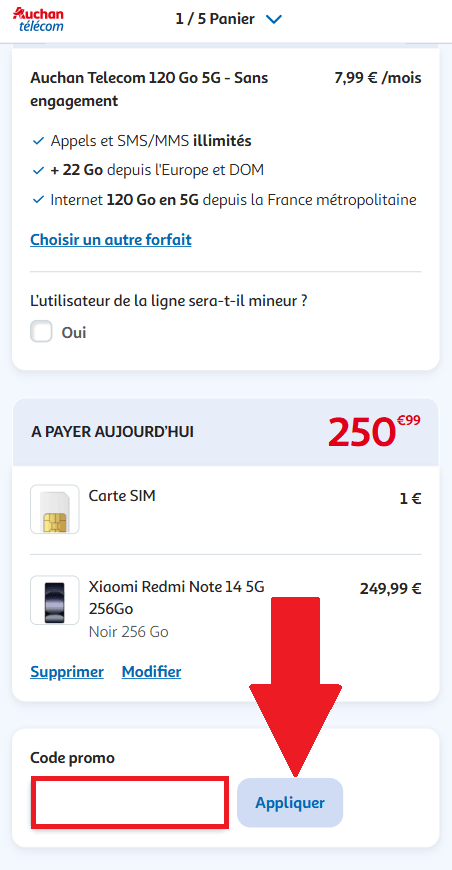 Encadré pour code promo Auchan Telecom dans le panier en ligne