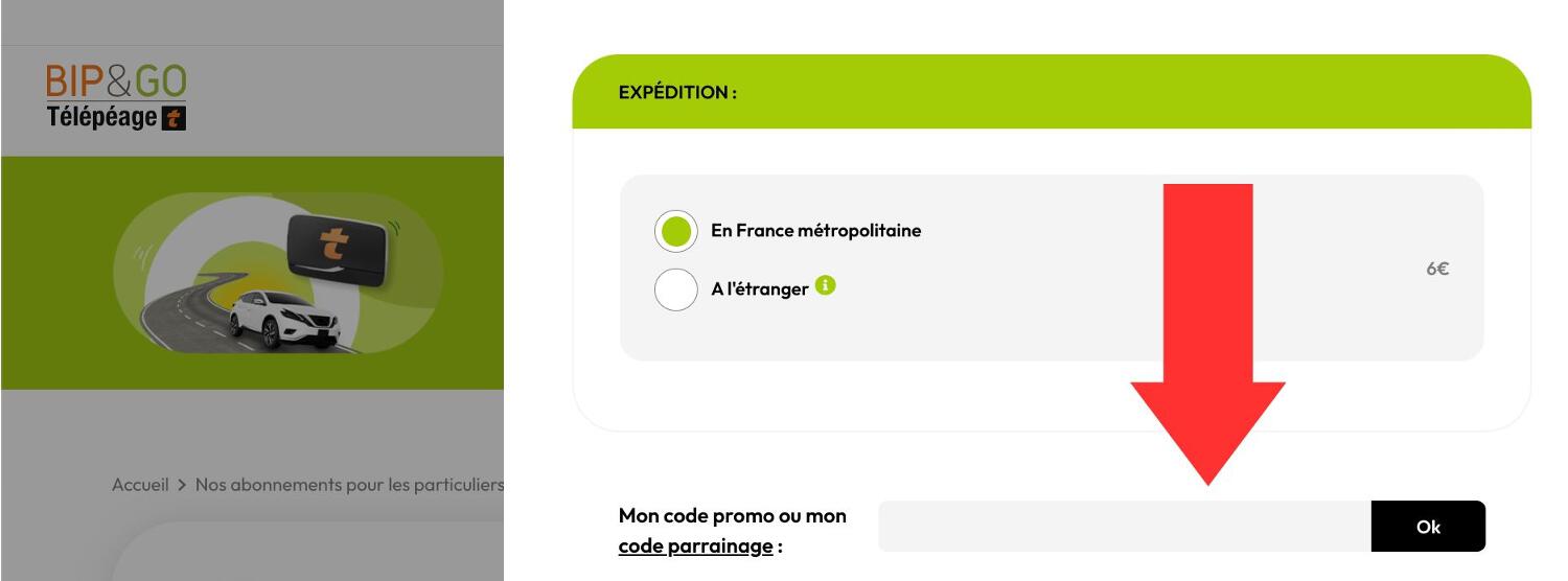 Panier de commande avec encadré pour code promo Bip and Go