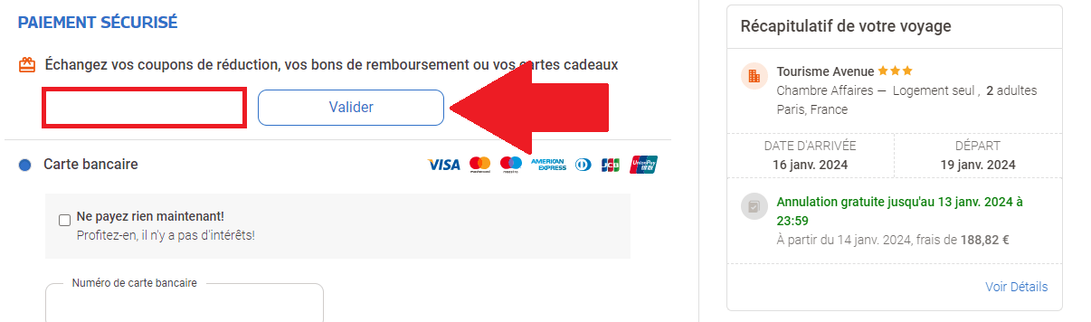 Panier de réservation avec encadré pour code promo Destinia