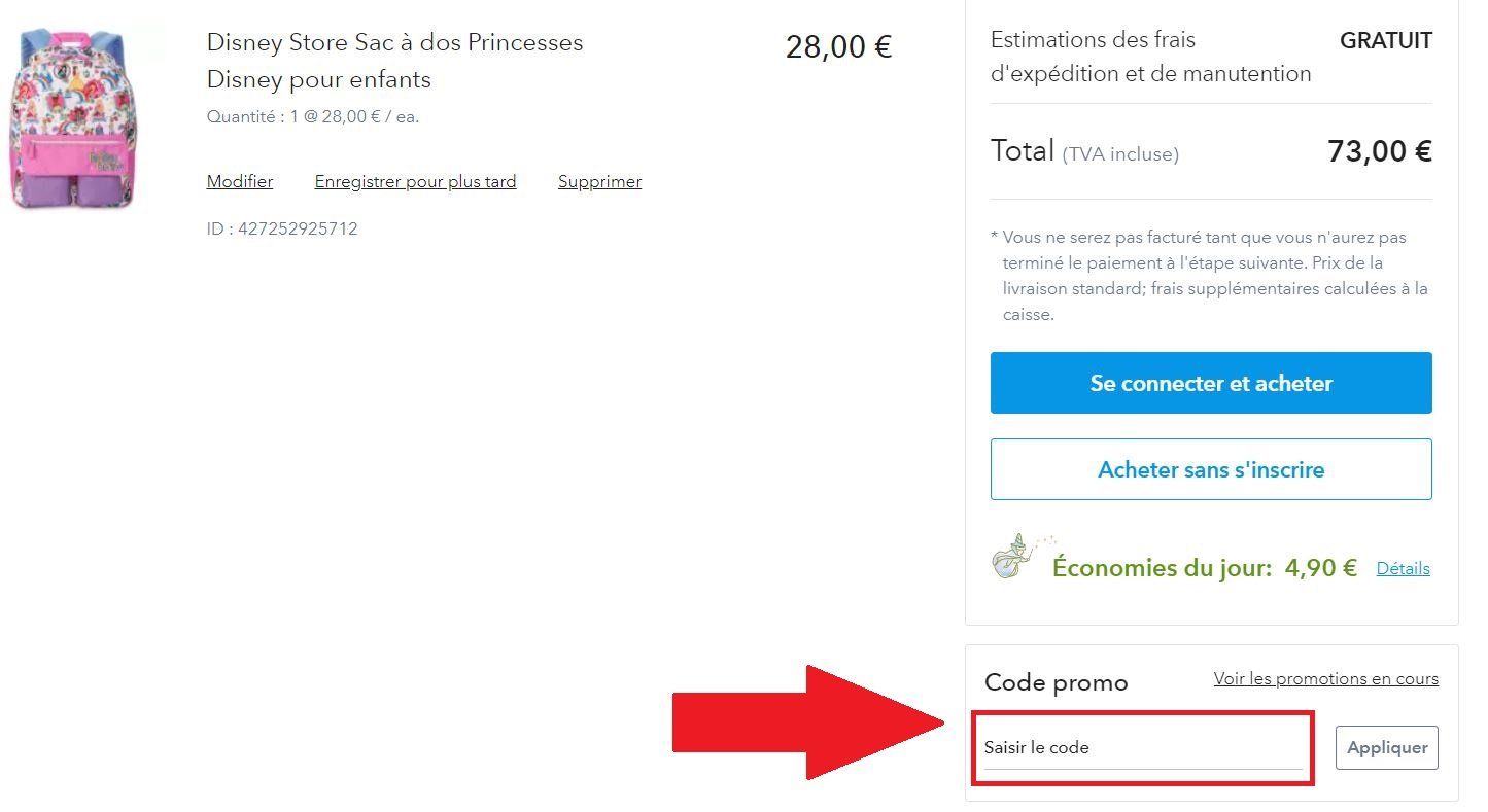 Panier de commande avec code promo Disney Store