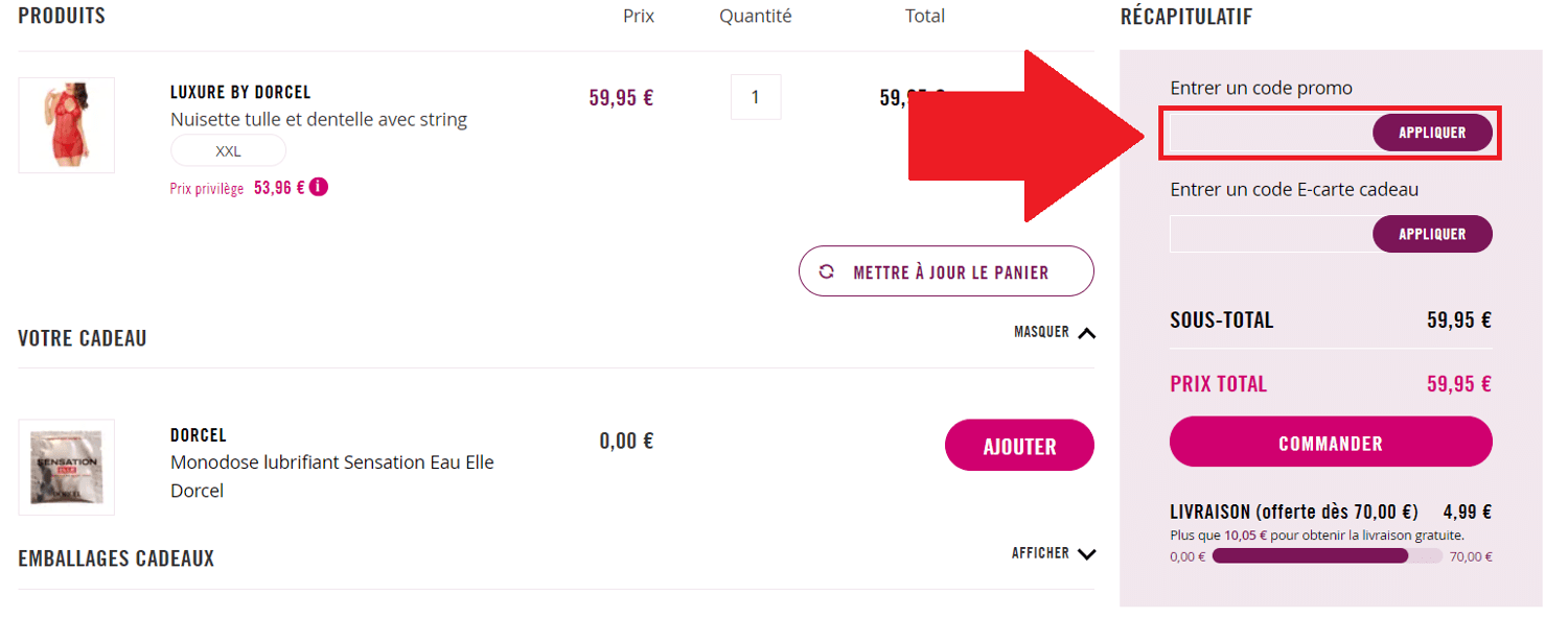 Encadré de code promo Dorcel Store dans le panier en ligne