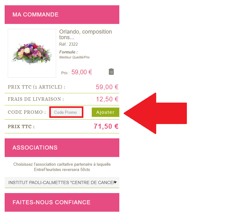 Panier de commande de bouquet avec code promo Entrefleuristes