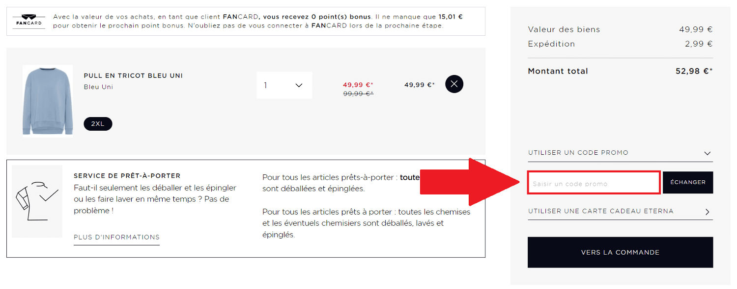Encadré pour code promo Eterna dans le panier de commande