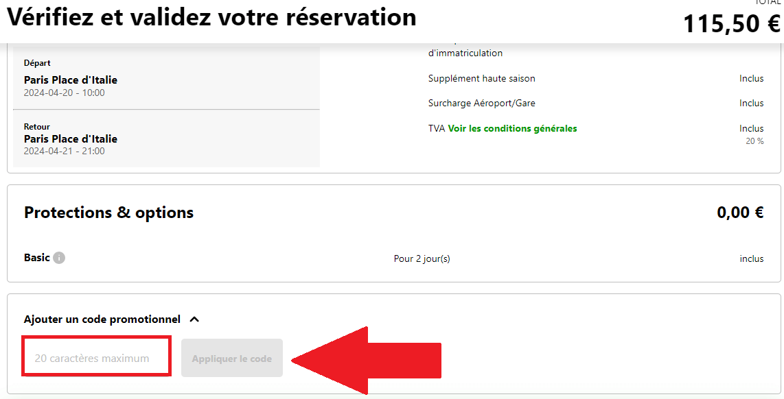 Encadré de code promo Europcar