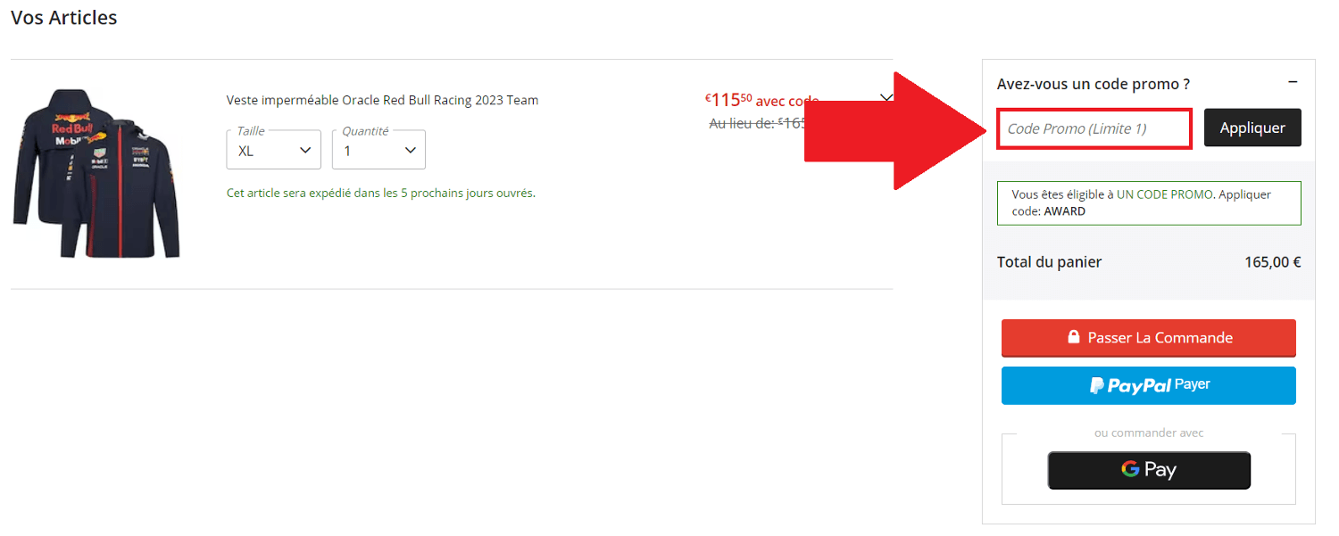 Encadré pour code promo Fanatics au moment de passer commande