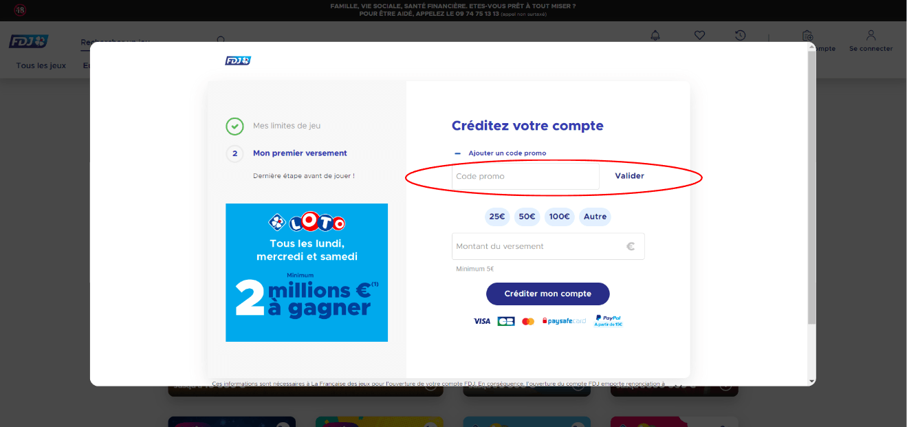 Encadré de code promo FDJ pour créditer son compte