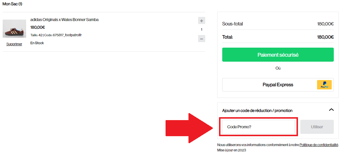 Encadré pour code promo Footpatrol dans le panier en ligne