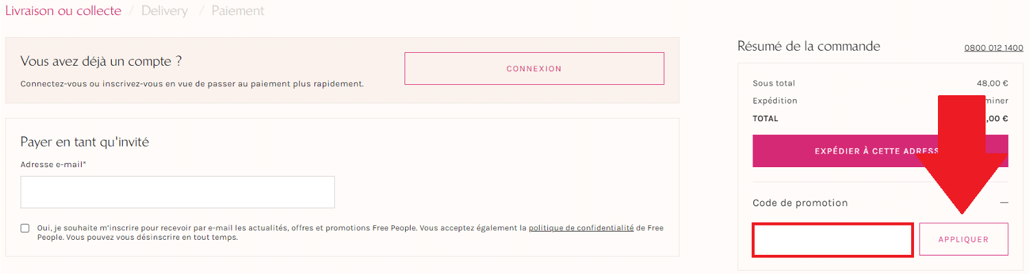 Encadré pour code promo Free People