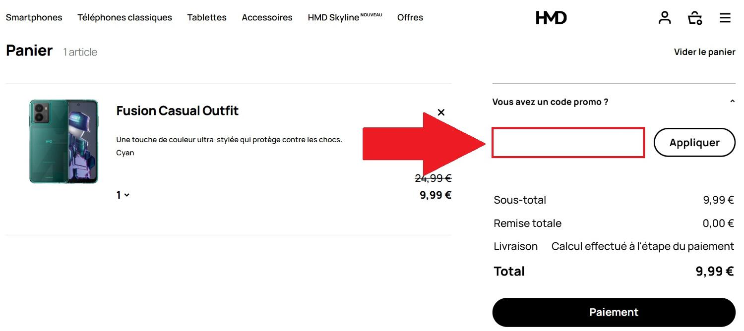 Panier de commande avec encadré pour codes promo HMD
