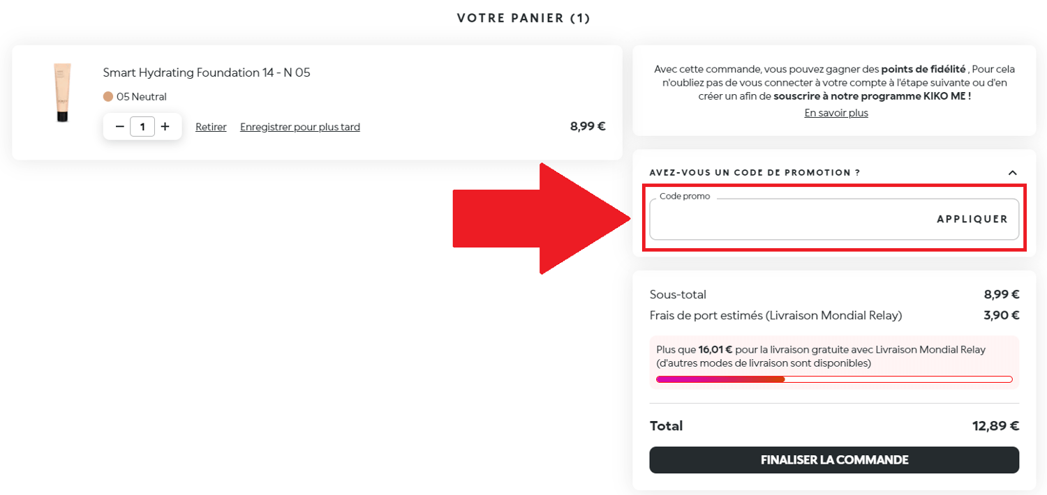 Encadré pour code promo Kiko