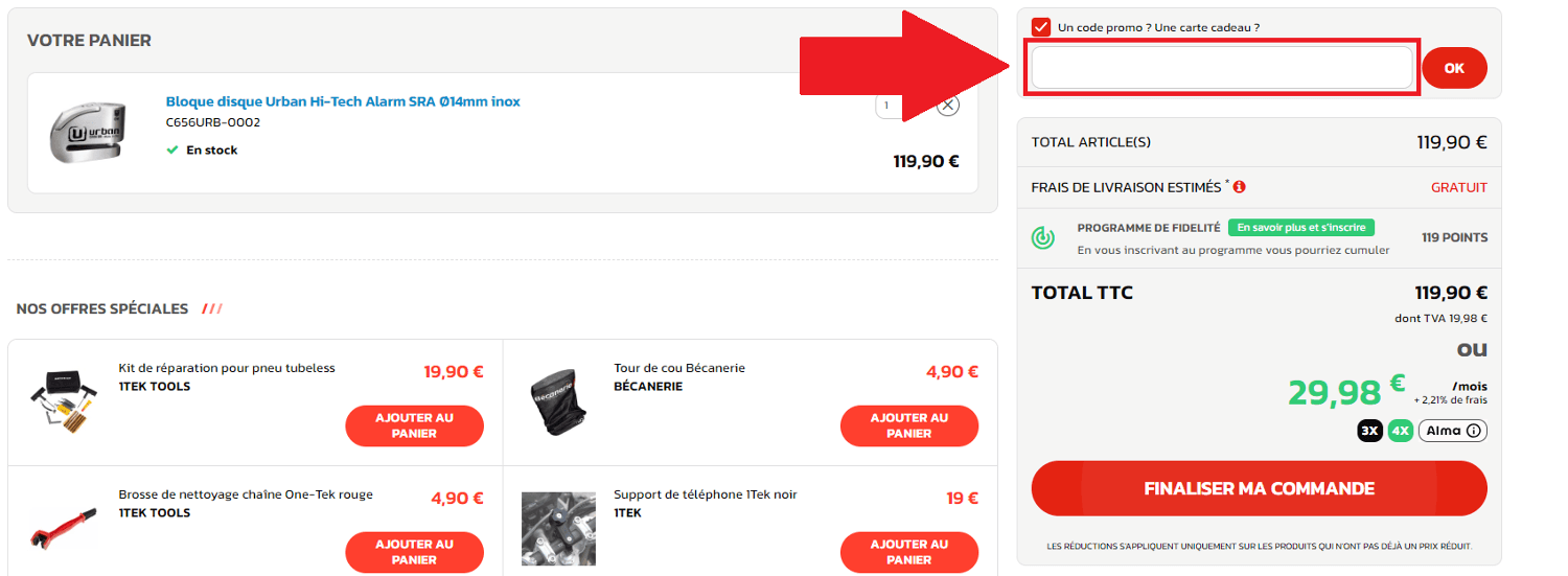 Panier de commande avec encadré pour code promo La Bécanerie