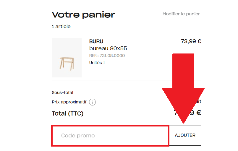 Panier de commande avec encadré pour code promo LUFE