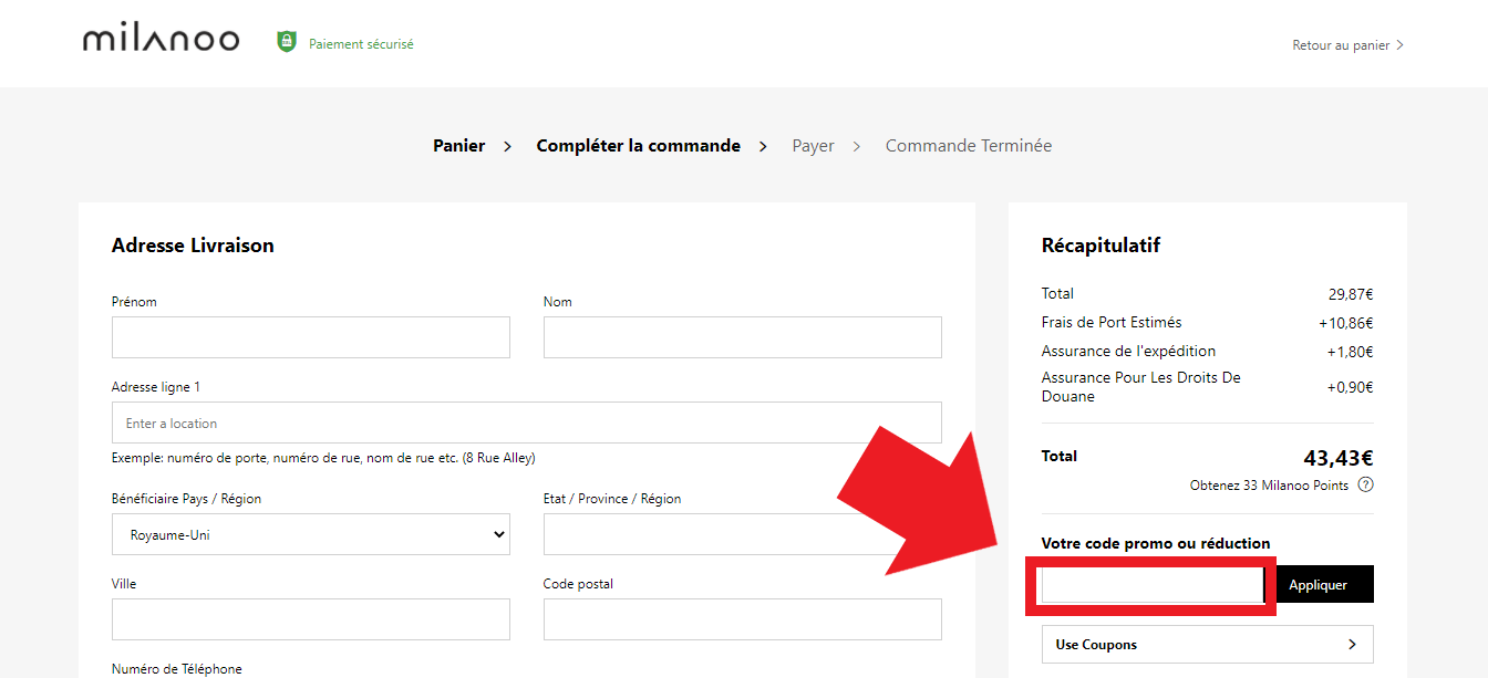 Encadré de code promo Milanoo dans le panier en ligne