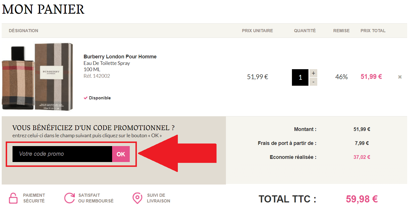 Encadré pour code promo Parfums moins chers