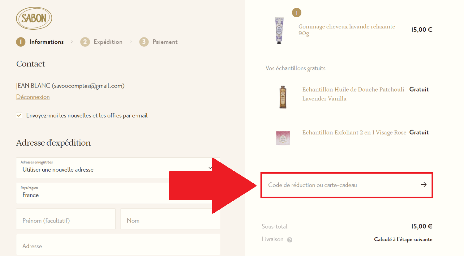 Encadré de code promo Sabon dans le panier de commande
