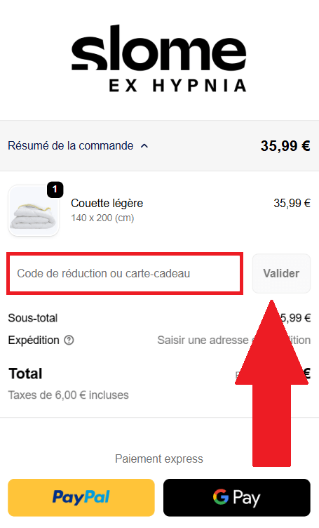 Panier de commande avec encadré pour code promo Slome (ex Hypnia)