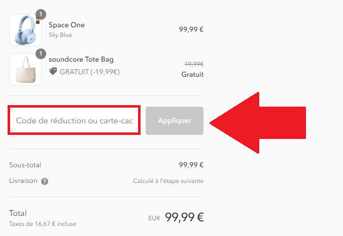 Panier de commande avec encadré pour code promo Soundcore