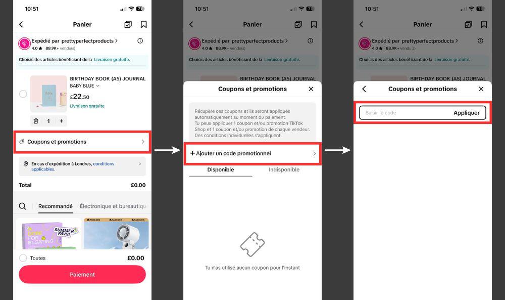 Visualisation étape par étape de la saisie d'un code promo TikTok Shop