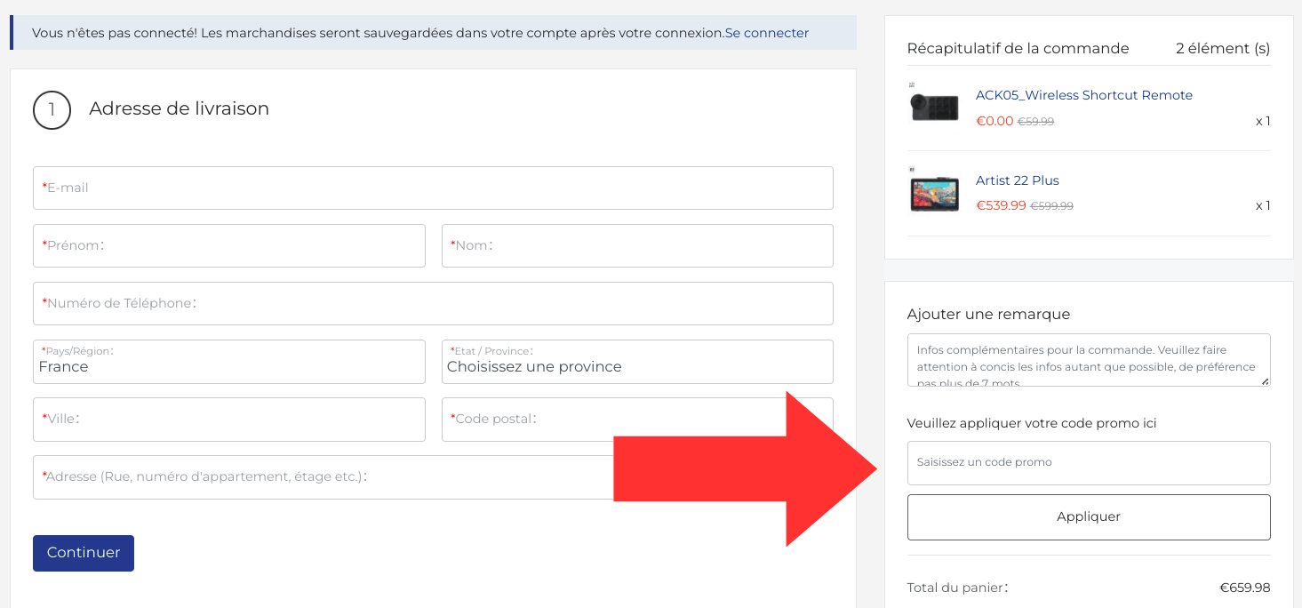Encadré de code promo XP-PEN au moment de valider la commande